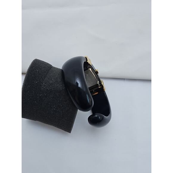 Gruen Womens Wrist Watch Black Hard Bracelet Band Gold Details White Face Quartz - Picture 6 of 7